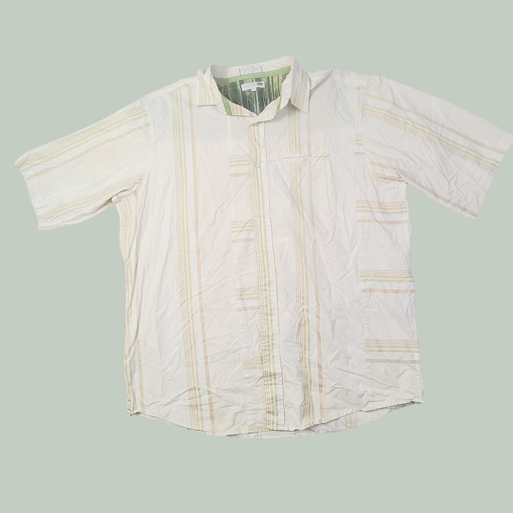 Ecko Unltd Men's XL Button Up Shirt Short Sleeve Cream Striped Cotton C27